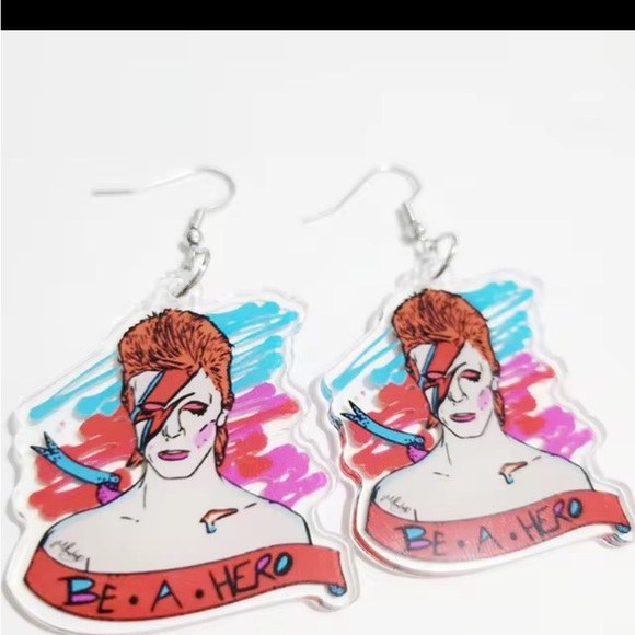 ⭐️Bowie ziggy stardust be a hero acrylic earrings on silver hypoallergenic hook - Picture 7 of 9